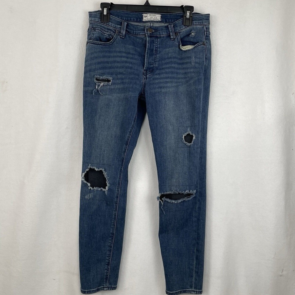 Free People Skinny Jeans Women 28 Blue Distressed Ripped Mesh Underlay Butto Fly - Picture 11 of 11